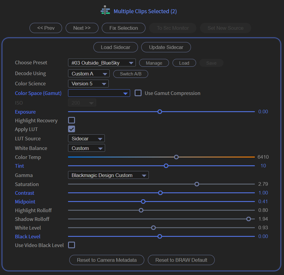 BRAW Studio Panel Premiere Pro Batch Change Settings Multiple Selection